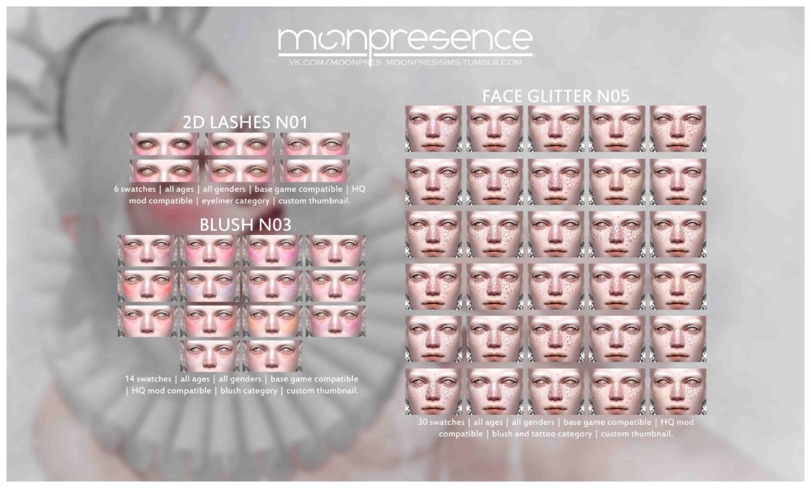 Sims 4 2D LASHES N01, BLUSH N03, FACE GLITTER N05