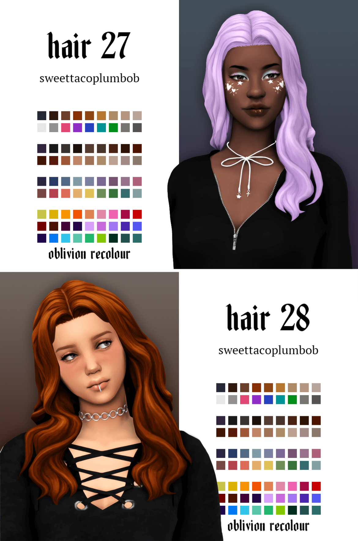 Sims 4 hairs 27 & 28 oblivion recolour