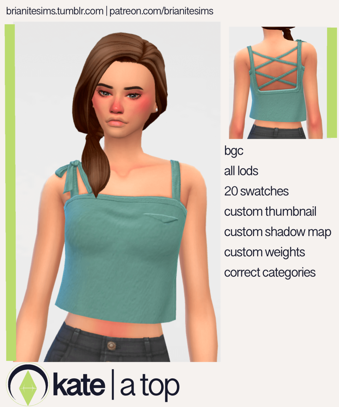 Sims 4 kate top bgc 20 swatches all lods custom