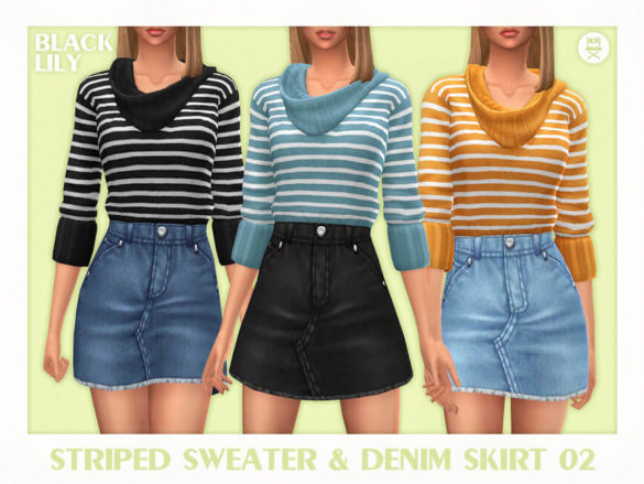 Sims 4 striped sweater denim skirt 02 by black lily - MiCat Game