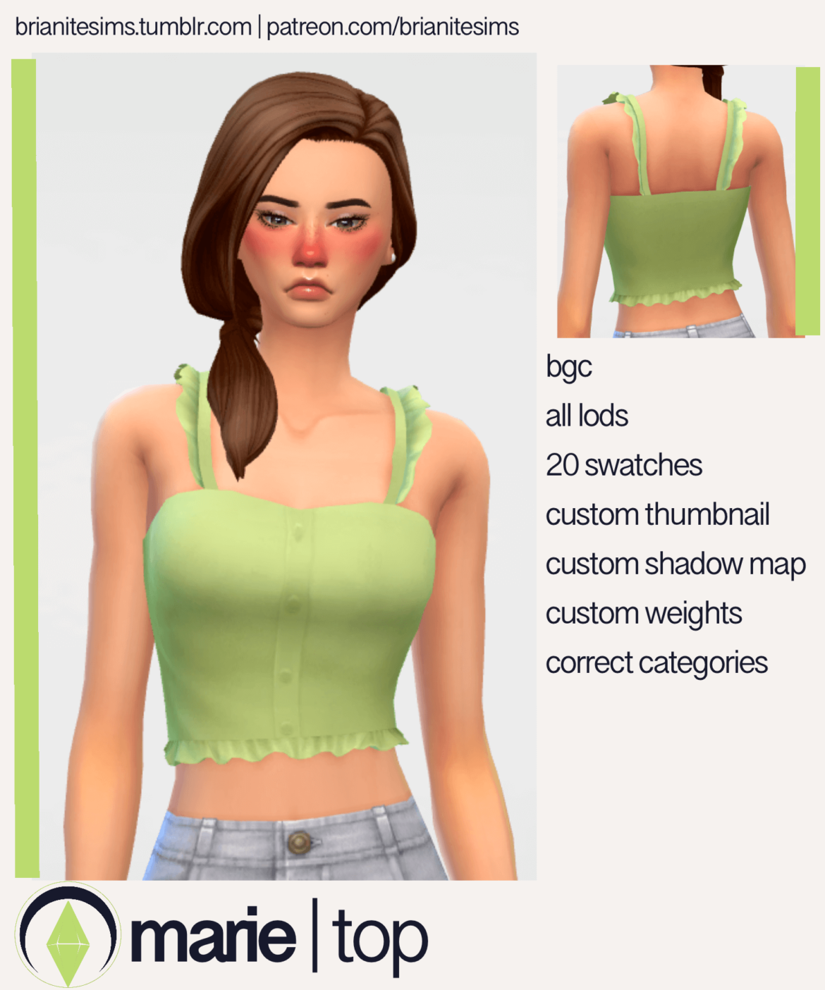 Sims 4 marie top bgc 20 swatches all lods custom