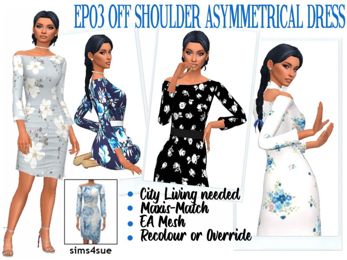 Sims 4 EP03 OFF SHOULDER ASYMMETRICAL DRESS by Sims4Sue