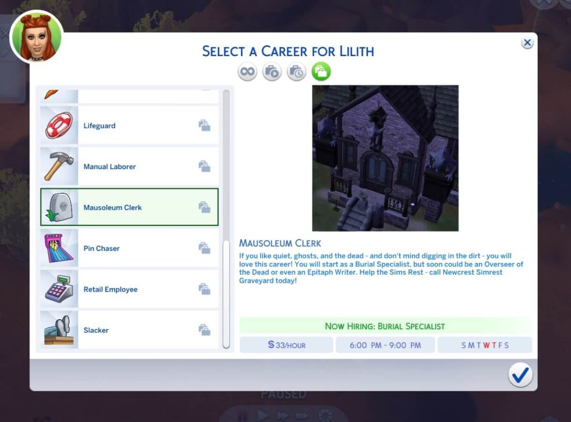 The Sims 4 Mausoleum Clerk (Part-Time) Career