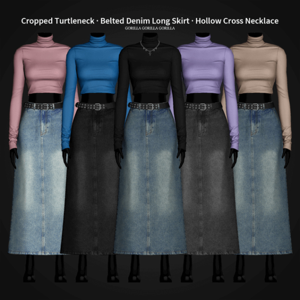 Cropped Turtleneck · Belted Denim Long Skirt